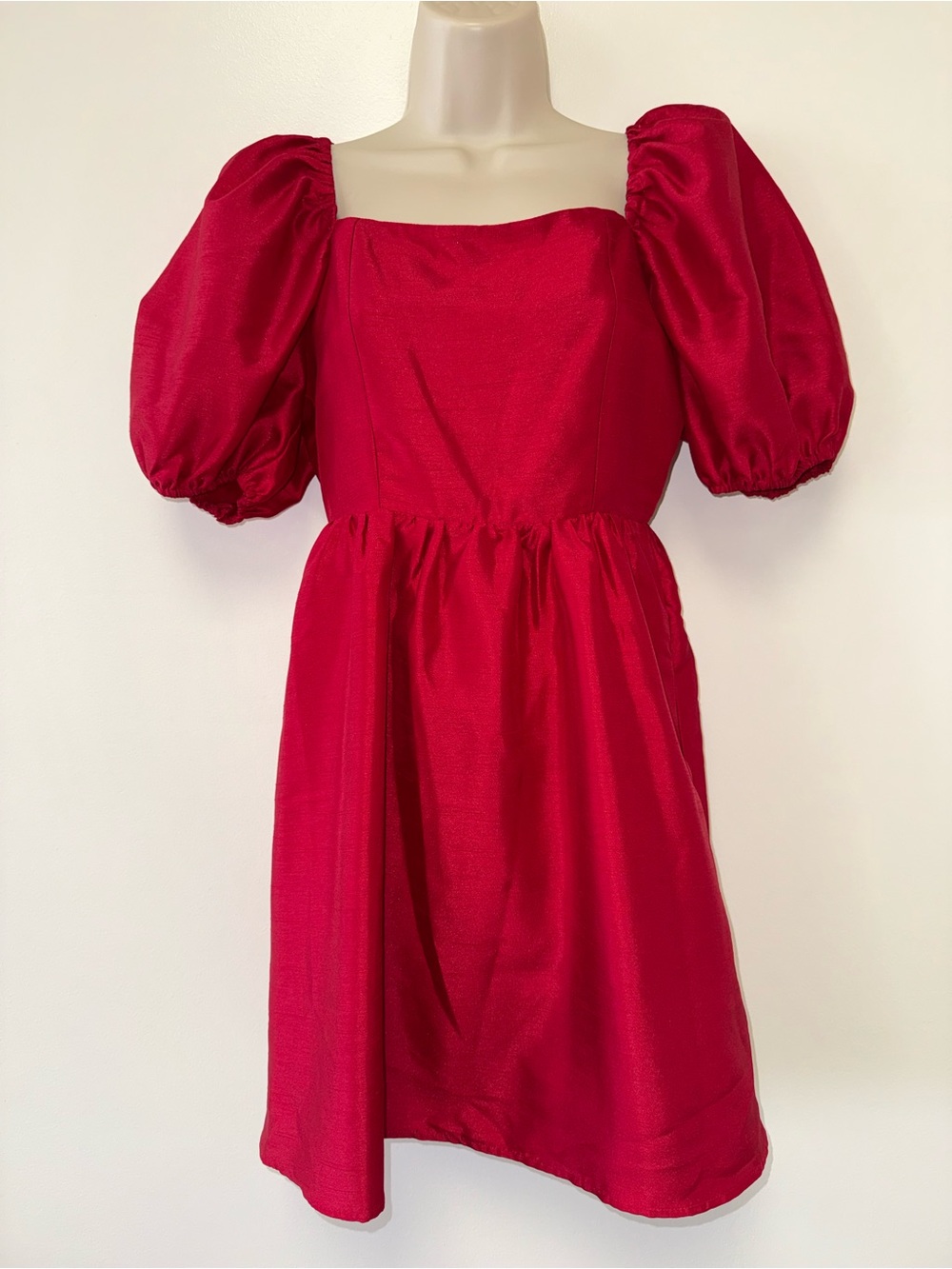 Copper Key (Small) Red Midi Dress with Puff Sleeves